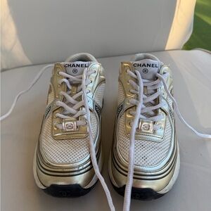 Chanel CC Logo Sneakers 37.5 White Gold Mesh Leather Trainers